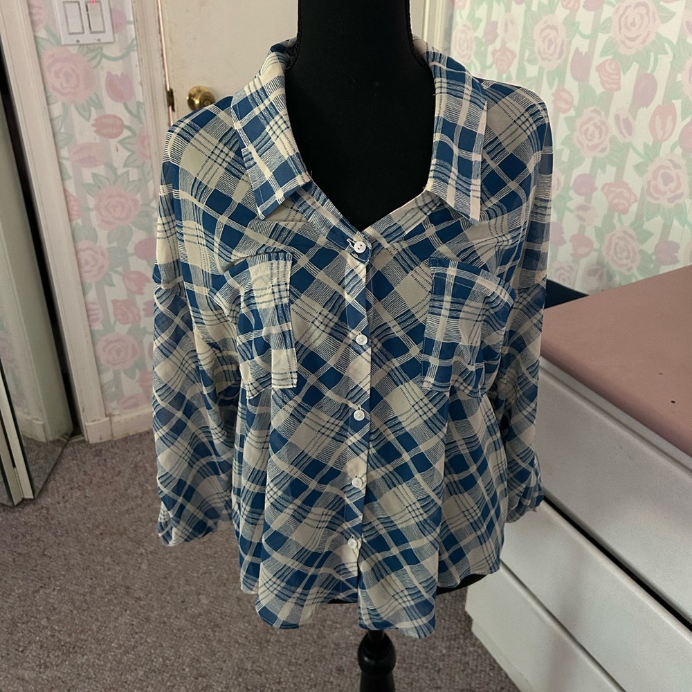 Free People plaid blue long sleeve shirt size M